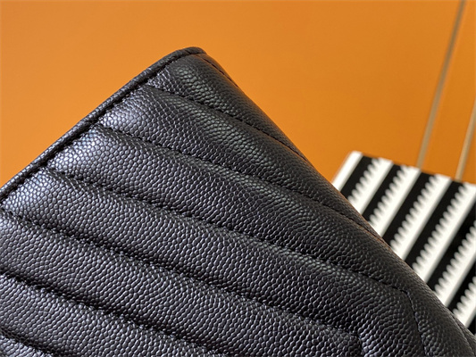 Y.S.L CASSANDRA MATELASS?? LARGE FLAP WALLET IN GRAIN DE POUDRE EMBOSSED LEATHER Black Color Gold Tone Metal