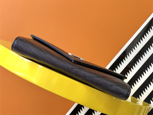 Y.S.L CASSANDRA MATELASS?? LARGE FLAP WALLET IN GRAIN DE POUDRE EMBOSSED LEATHER Black Color Silver Tone Metal