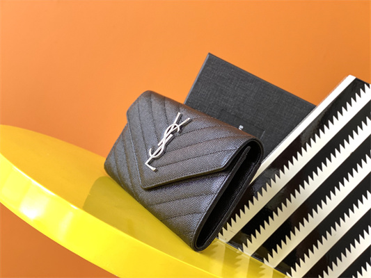 Y.S.L CASSANDRA MATELASS?? LARGE FLAP WALLET IN GRAIN DE POUDRE EMBOSSED LEATHER Black Color Silver Tone Metal