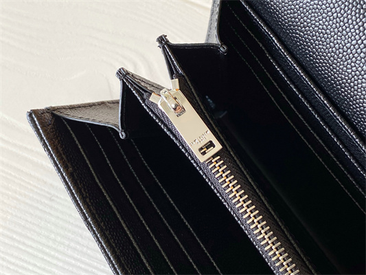 Y.S.L CASSANDRA MATELASS?? LARGE FLAP WALLET IN GRAIN DE POUDRE EMBOSSED LEATHER Black Color Silver Tone Metal