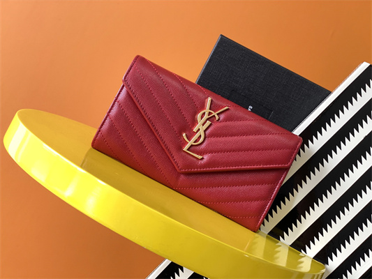 Y.S.L CASSANDRA MATELASS?? LARGE FLAP WALLET IN GRAIN DE POUDRE EMBOSSED LEATHER Red Color Gold Tone Metal