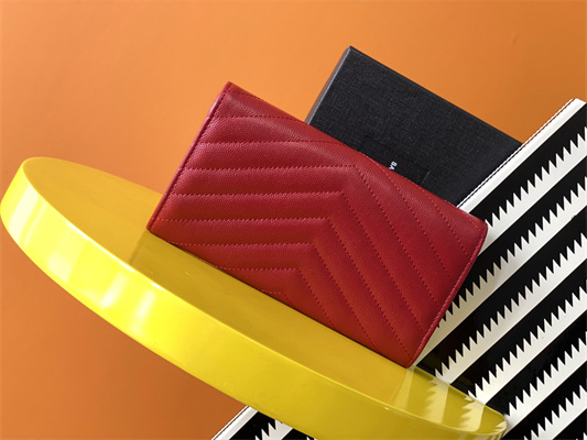 Y.S.L CASSANDRA MATELASS?? LARGE FLAP WALLET IN GRAIN DE POUDRE EMBOSSED LEATHER Red Color Gold Tone Metal