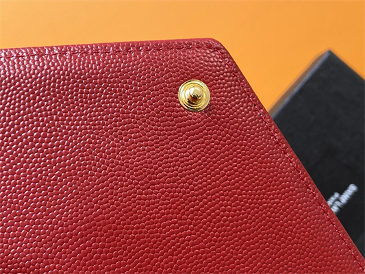 Y.S.L CASSANDRA MATELASS?? LARGE FLAP WALLET IN GRAIN DE POUDRE EMBOSSED LEATHER Red Color Gold Tone Metal