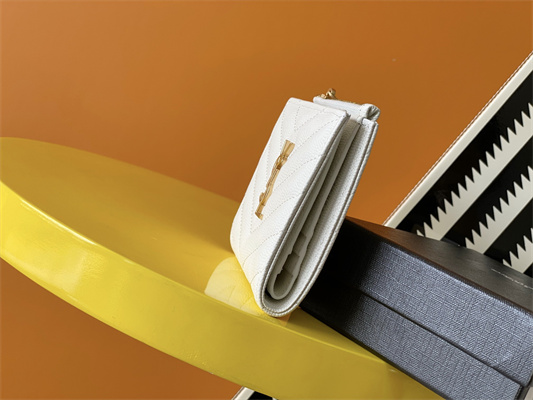 Y.S.L CASSANDRA MATELASS?? BI-FOLD WALLET IN GRAIN DE POUDRE EMBOSSED LEATHER White Color Gold Tone Metal