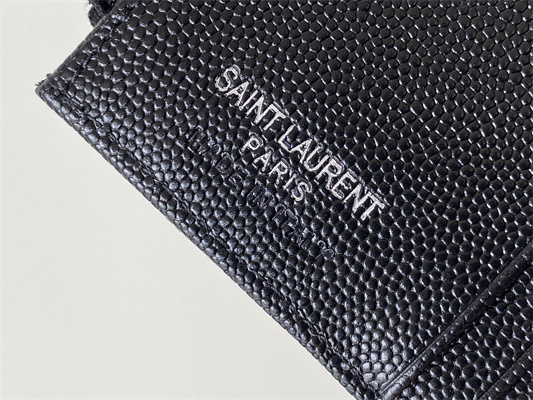 Y.S.L CASSANDRA MATELASS?? BI-FOLD WALLET IN GRAIN DE POUDRE EMBOSSED LEATHER Black Color Silver Tone Metal