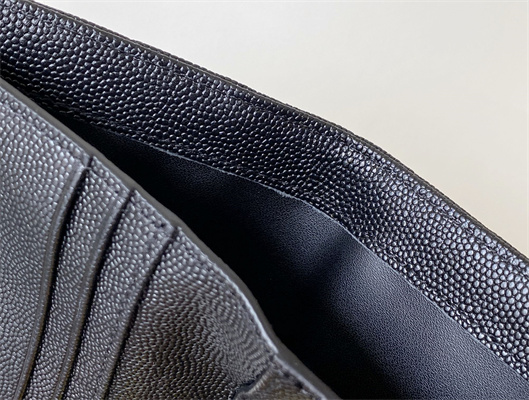 Y.S.L CASSANDRA MATELASS?? BI-FOLD WALLET IN GRAIN DE POUDRE EMBOSSED LEATHER Black Color Silver Tone Metal