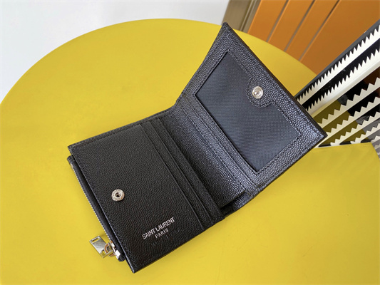 Y.S.L CASSANDRA MATELASS?? BI-FOLD WALLET IN GRAIN DE POUDRE EMBOSSED LEATHER Black Color Silver Tone Metal