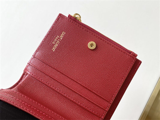Y.S.L CASSANDRA MATELASS?? BI-FOLD WALLET IN GRAIN DE POUDRE EMBOSSED LEATHER Red Color Gold Tone Metal