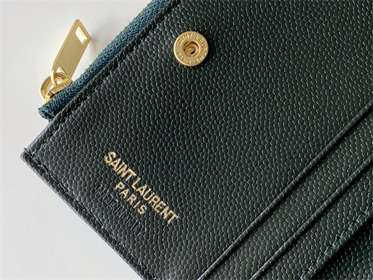 Y.S.L CASSANDRA MATELASS?? BI-FOLD WALLET IN GRAIN DE POUDRE EMBOSSED LEATHER Dk Green Color Gold Tone Metal