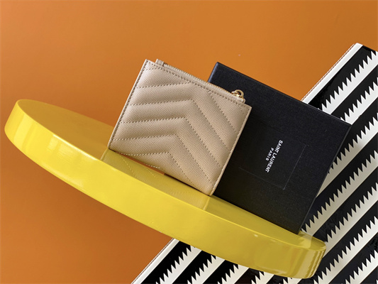 Y.S.L CASSANDRA MATELASS?? BI-FOLD WALLET IN GRAIN DE POUDRE EMBOSSED LEATHER Beige Color Gold Tone Metal