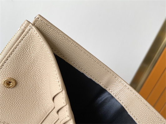 Y.S.L CASSANDRA MATELASS?? BI-FOLD WALLET IN GRAIN DE POUDRE EMBOSSED LEATHER Beige Color Gold Tone Metal