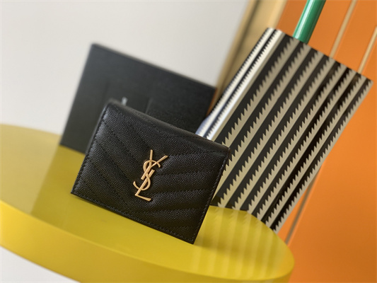 Y.S.L MONOGRAM MATELASS?? WALLET IN GRAIN DE POUDRE EMBOSSED LEATHER Black Color Gold Tone Metal