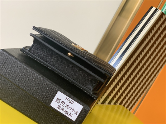 Y.S.L MONOGRAM MATELASS?? WALLET IN GRAIN DE POUDRE EMBOSSED LEATHER Black Color Gold Tone Metal