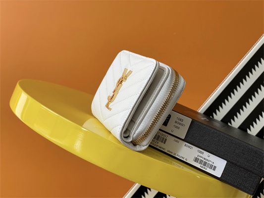 Y.S.L CASSANDRA MATELASS?? COMPACT ZIP AROUND WALLET IN GRAIN DE POUDRE EMBOSSED LEATHER White Color Gold Tone Metal