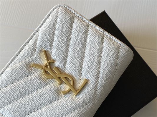 Y.S.L CASSANDRA MATELASS?? COMPACT ZIP AROUND WALLET IN GRAIN DE POUDRE EMBOSSED LEATHER White Color Gold Tone Metal