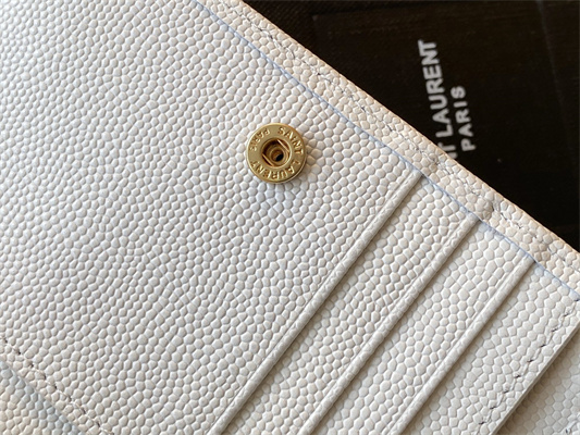 Y.S.L CASSANDRA MATELASS?? COMPACT ZIP AROUND WALLET IN GRAIN DE POUDRE EMBOSSED LEATHER White Color Gold Tone Metal