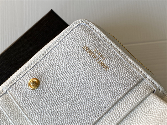 Y.S.L CASSANDRA MATELASS?? COMPACT ZIP AROUND WALLET IN GRAIN DE POUDRE EMBOSSED LEATHER White Color Gold Tone Metal