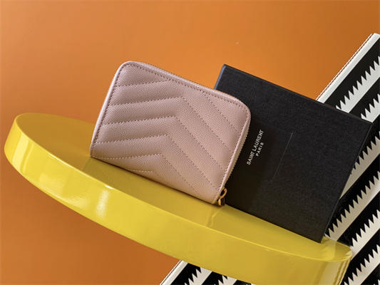 Y.S.L CASSANDRA MATELASS?? COMPACT ZIP AROUND WALLET IN GRAIN DE POUDRE EMBOSSED LEATHER Pink Color Gold Tone Metal