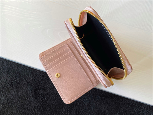 Y.S.L CASSANDRA MATELASS?? COMPACT ZIP AROUND WALLET IN GRAIN DE POUDRE EMBOSSED LEATHER Pink Color Gold Tone Metal