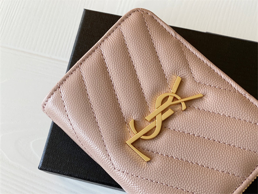 Y.S.L CASSANDRA MATELASS?? COMPACT ZIP AROUND WALLET IN GRAIN DE POUDRE EMBOSSED LEATHER Pink Color Gold Tone Metal