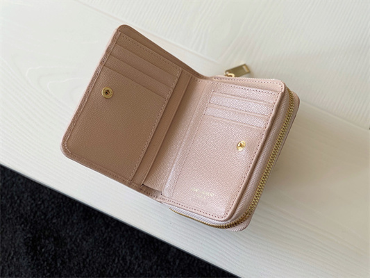 Y.S.L CASSANDRA MATELASS?? COMPACT ZIP AROUND WALLET IN GRAIN DE POUDRE EMBOSSED LEATHER Pink Color Gold Tone Metal