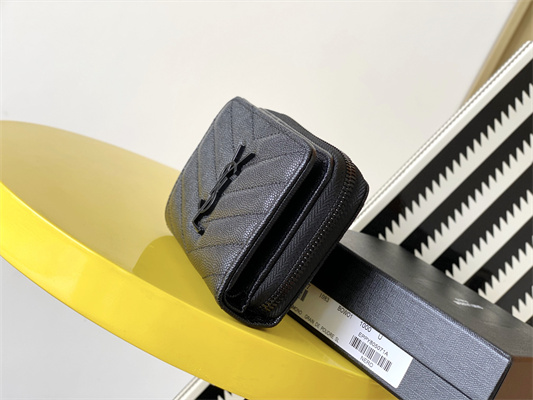 Y.S.L CASSANDRA MATELASS?? COMPACT ZIP AROUND WALLET IN GRAIN DE POUDRE EMBOSSED LEATHER Black Color Black Tone Metal