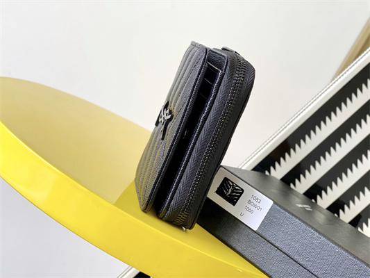 Y.S.L CASSANDRA MATELASS?? COMPACT ZIP AROUND WALLET IN GRAIN DE POUDRE EMBOSSED LEATHER Black Color Black Tone Metal