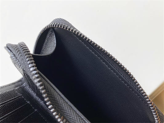 Y.S.L CASSANDRA MATELASS?? COMPACT ZIP AROUND WALLET IN GRAIN DE POUDRE EMBOSSED LEATHER Black Color Black Tone Metal