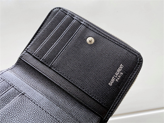 Y.S.L CASSANDRA MATELASS?? COMPACT ZIP AROUND WALLET IN GRAIN DE POUDRE EMBOSSED LEATHER Black Color Silver Tone Metal