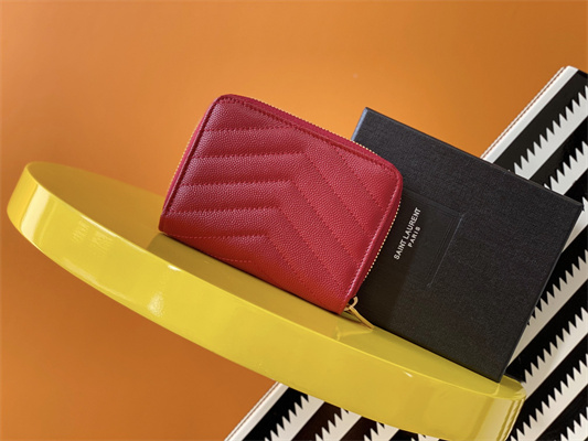 Y.S.L CASSANDRA MATELASS?? COMPACT ZIP AROUND WALLET IN GRAIN DE POUDRE EMBOSSED LEATHER Red Color Gold Tone Metal