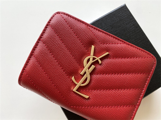 Y.S.L CASSANDRA MATELASS?? COMPACT ZIP AROUND WALLET IN GRAIN DE POUDRE EMBOSSED LEATHER Red Color Gold Tone Metal