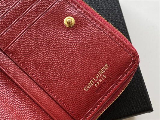 Y.S.L CASSANDRA MATELASS?? COMPACT ZIP AROUND WALLET IN GRAIN DE POUDRE EMBOSSED LEATHER Red Color Gold Tone Metal