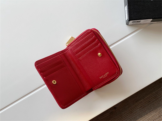 Y.S.L CASSANDRA MATELASS?? COMPACT ZIP AROUND WALLET IN GRAIN DE POUDRE EMBOSSED LEATHER Red Color Gold Tone Metal