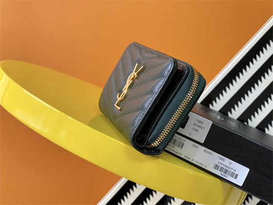 Y.S.L CASSANDRA MATELASS?? COMPACT ZIP AROUND WALLET IN GRAIN DE POUDRE EMBOSSED LEATHER Dk Green Color Gold Tone Metal