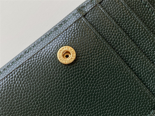 Y.S.L CASSANDRA MATELASS?? COMPACT ZIP AROUND WALLET IN GRAIN DE POUDRE EMBOSSED LEATHER Dk Green Color Gold Tone Metal