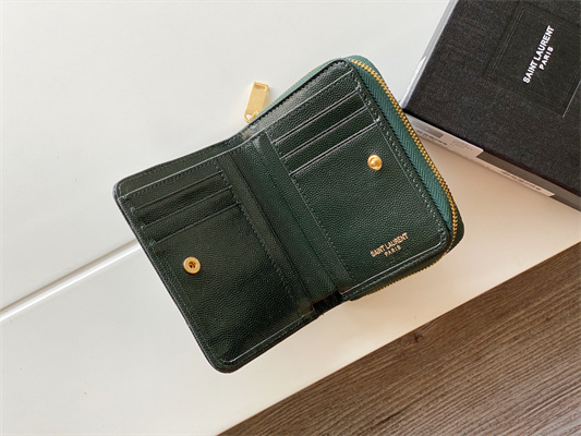 Y.S.L CASSANDRA MATELASS?? COMPACT ZIP AROUND WALLET IN GRAIN DE POUDRE EMBOSSED LEATHER Dk Green Color Gold Tone Metal