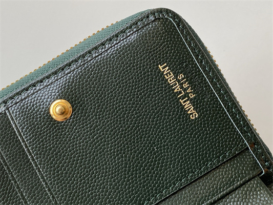 Y.S.L CASSANDRA MATELASS?? COMPACT ZIP AROUND WALLET IN GRAIN DE POUDRE EMBOSSED LEATHER Dk Green Color Gold Tone Metal