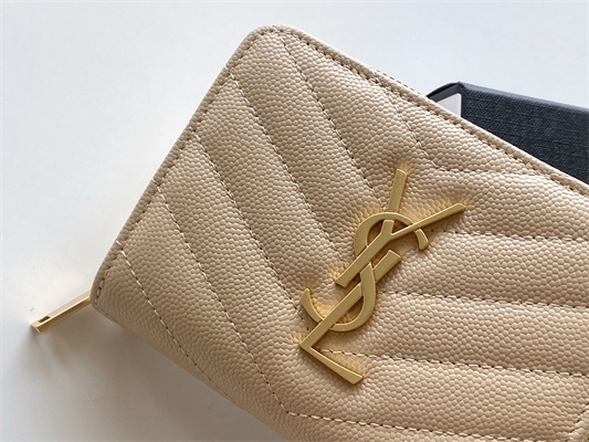 Y.S.L CASSANDRA MATELASS?? COMPACT ZIP AROUND WALLET IN GRAIN DE POUDRE EMBOSSED LEATHER Beige Color Gold Tone Metal