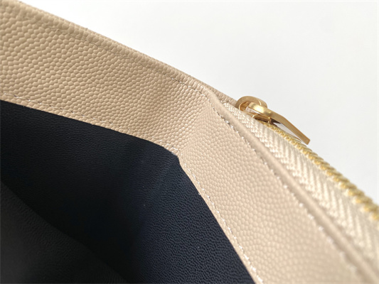 Y.S.L CASSANDRA MATELASS?? COMPACT ZIP AROUND WALLET IN GRAIN DE POUDRE EMBOSSED LEATHER Beige Color Gold Tone Metal