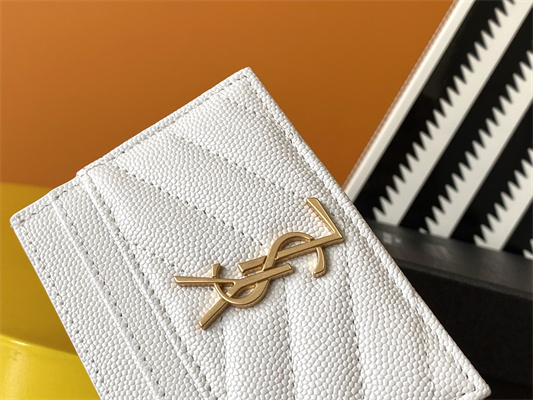 Y.S.L MONOGRAM MATELASS?? CARD CASE IN GRAIN DE POUDRE EMBOSSED LEATHER White Color Gold Tone Metal
