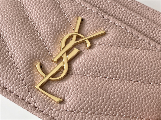 Y.S.L MONOGRAM MATELASS?? CARD CASE IN GRAIN DE POUDRE EMBOSSED LEATHER Pink Color Gold Tone Metal