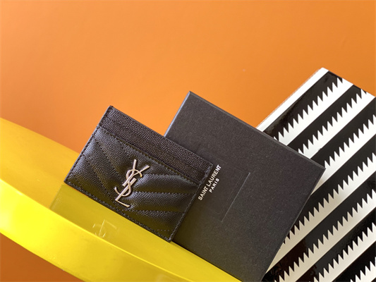 Y.S.L MONOGRAM MATELASS?? CARD CASE IN GRAIN DE POUDRE EMBOSSED LEATHER Black Color Silver Tone Metal