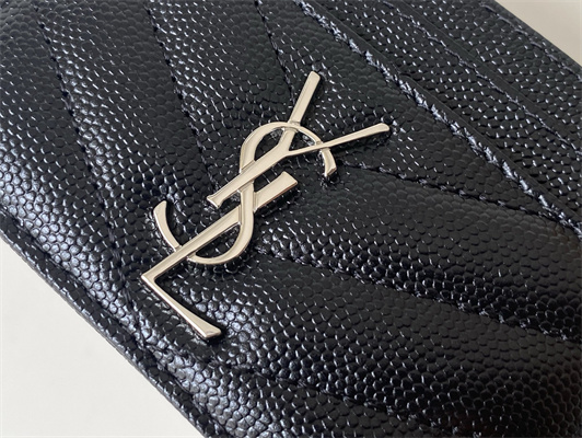 Y.S.L MONOGRAM MATELASS?? CARD CASE IN GRAIN DE POUDRE EMBOSSED LEATHER Black Color Silver Tone Metal