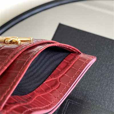Y.S.L MONOGRAM MATELASS?? CARD CASE IN CROCODILE EMBOSSED LEATHER Red Color Gold Tone Metal