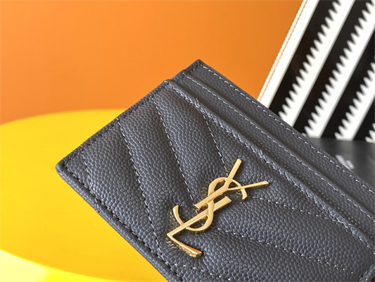 Y.S.L MONOGRAM MATELASS?? CARD CASE IN GRAIN DE POUDRE EMBOSSED LEATHER Grey Color Gold Tone Metal