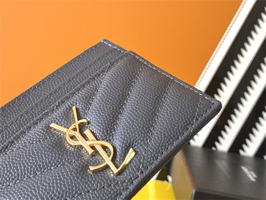 Y.S.L MONOGRAM MATELASS?? CARD CASE IN GRAIN DE POUDRE EMBOSSED LEATHER Grey Color Gold Tone Metal