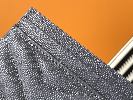 Y.S.L MONOGRAM MATELASS?? CARD CASE IN GRAIN DE POUDRE EMBOSSED LEATHER Grey Color Gold Tone Metal