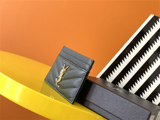 Y.S.L MONOGRAM MATELASS?? CARD CASE IN GRAIN DE POUDRE EMBOSSED LEATHER Dk Green Color Gold Tone Metal