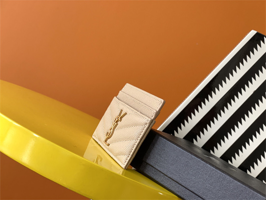 Y.S.L MONOGRAM MATELASS?? CARD CASE IN GRAIN DE POUDRE EMBOSSED LEATHER Beige Color Gold Tone Metal