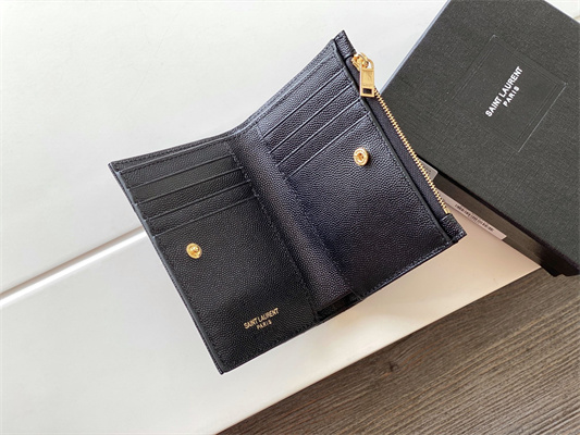Y.S.L CASSANDRA MATELASS?? ZIP WALLET IN GRAIN DE POUDRE EMBOSSED LEATHER Black Color Gold Tone Metal